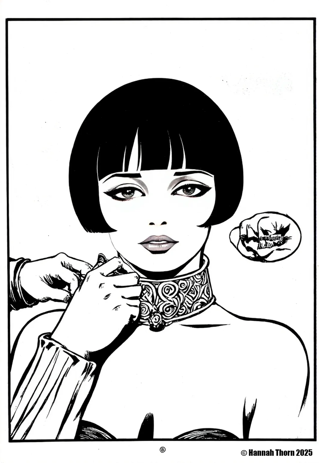 A black and white line drawing of a young woman with a short bob haircut, wearing a choker with an ornate design. She is facing the viewer with a serious expression. A hand is holding her hair with one hand, guiding her. The background is a simple gradient. The drawing is in a square frame.<lora:_Flux\Crepax_Valentina.safetensors:1.0:1.0> <lora:_Flux\Flux_Crepax.safetensors:1.0:1.0>