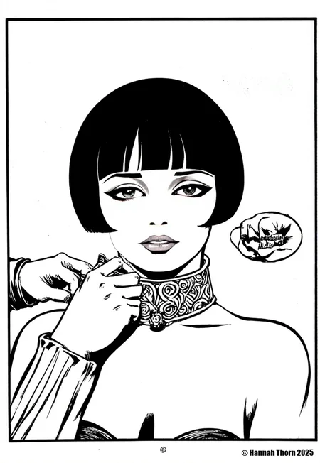 A black and white line drawing of a young woman with a short bob haircut, wearing a choker with an ornate design. She is facing the viewer with a serious expression. A hand is holding her hair with one hand, guiding her. The background is a simple gradient. The drawing is in a square frame.<lora:_Flux\Crepax_Valentina.safetensors:1.0:1.0> <lora:_Flux\Flux_Crepax.safetensors:1.0:1.0>