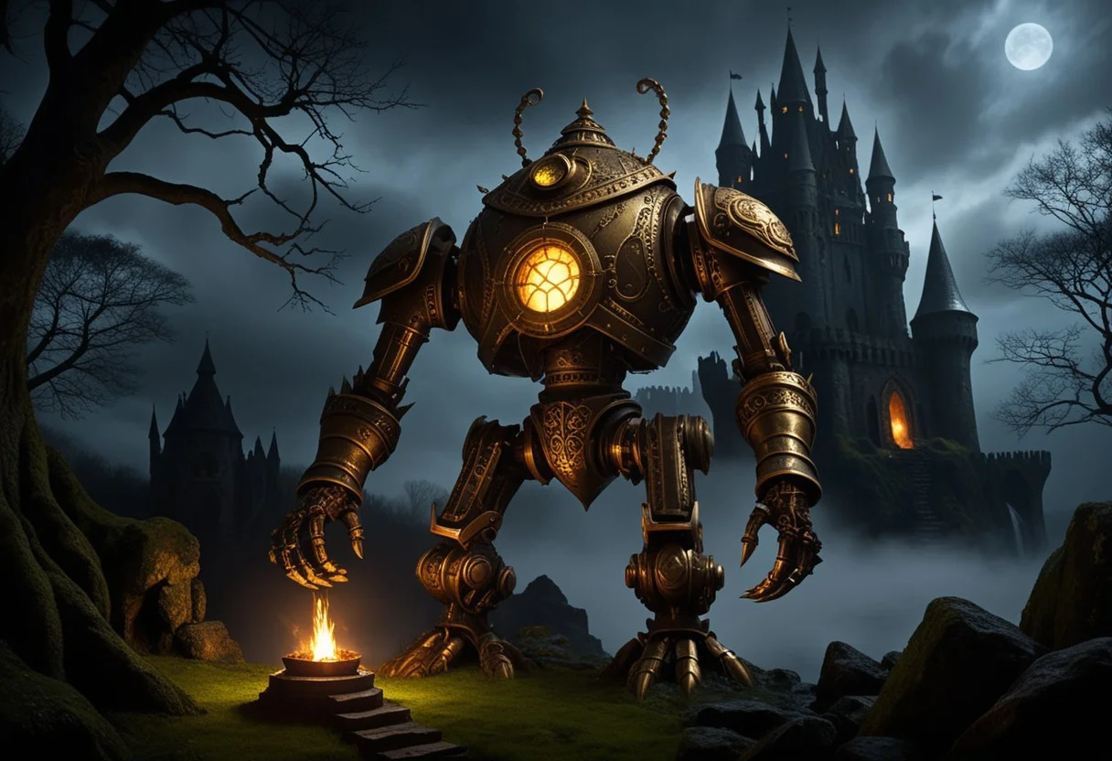 giant bipedal robot brass and dark yellow striped paint, bronze paisley robot. lacy robot metal. crawdad helmet head. outside of a steampunk keep. large detailed torso. dark image. one forty foot tall ancient robot with great arms and two heavy spring legs. dark foggy night background. $dark foggy night image only. dark photo realistic image. steampunk details. cogs, chains and pipes incorporated in the fantasy buildings. magic wizards tower in background. Dark swamp, moss, castle ruins, wizards tower. stormy dark night. stormy sky. flaming spooky trees