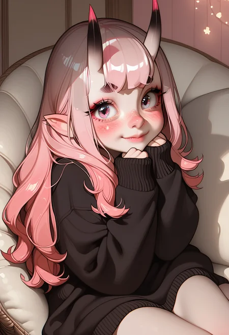 score_9, score_8_up, score_7_up, highly detailed, sharp focus, HD, (1girl:1.4), ((solo)), ((pale skin:1.3)), (cute young oni girl:1.5), small sharp horns, (big expressive eyes:1.3), (soft pink blush:1.2), ((long fluffy pastel pink hair:1.4)), slightly messy hair, shy smile, wearing a cozy sweater, (small black horns:1.3), (pointy ears:1.2), (tiny bat wings:1.2), soft freckles, fantasy-inspired outfit, (Japanese-style modern room:1.4), cozy house interior, warm lighting, sitting on a plush futon, hugging a pillow, cute pose, playful expression, charming, soft anime shading, ultra-detailed fabric folds, elegant color balance, soft glowing ambient light
 <lora:Expressive_H:1> <lora:incase-ilff-v3-4:0.6> <lora:MoriiMee_Gothic_Niji_Style_Illustrious_r1:0.7>