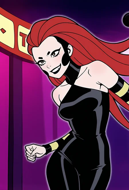 <lora:frightwig:1> frightwig, 1girl, long hair, red hair, bare shoulders, black lips, striped sleeves, detached sleeves, black bodysuit, facing forward, evil grin, teeth, circus background, masterpiece, best quality, amazing quality, very aesthetic, absurdres, newest,