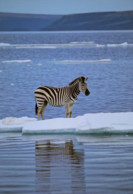 soaked_mundwasser_pee, subtle grain, zebra on an ice floe in the Arctic ocean
