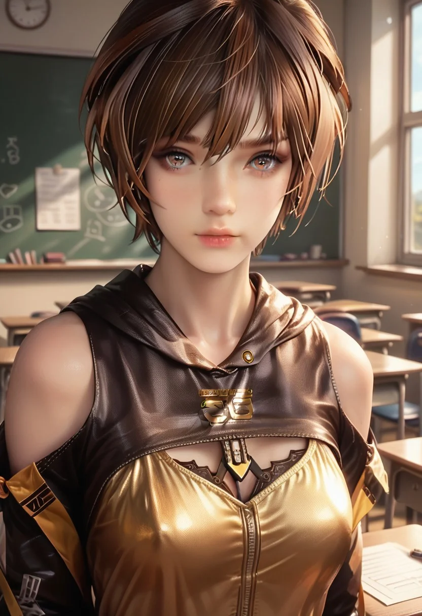 score_9_up, score_8_up, score_7_up, REALISTIC, 1girl, LILY ARTEMIS II (STELLAR BLADE), student unifrom, student, classroom, setting, fullbody