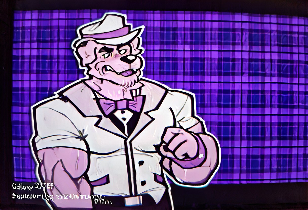 (((UhYeah mascot, muscular, purple dog man, source_furry, bara, tight waist, broad shoulders, bodybuilder, thick arms)))
