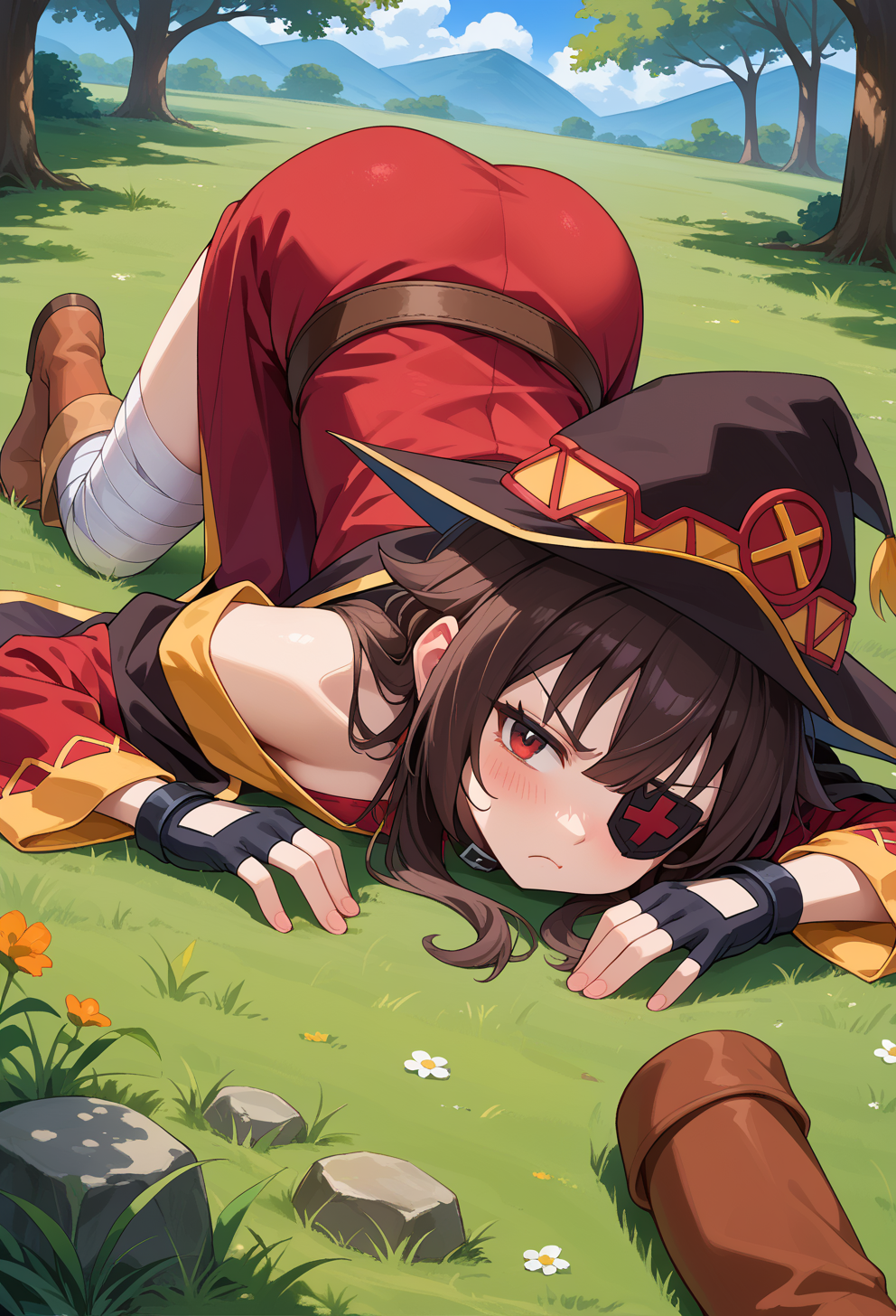 score_9, score_7_up, source_anime, BREAK <lora:AEMegumin-000009:1> AEMegumindef, red eyes, Brown hair,  Belt choker, red dress, off-shoulder dress, Black gloves, fingerless gloves, Belt, mismatched legwear, asymmetrical legwear, bandaged leg, black thighhighs, knee boots, hat, red eyepatch, Black cape, pout, top-down bottom-up,  outdoors, grass, on ground, lying, on stomach,