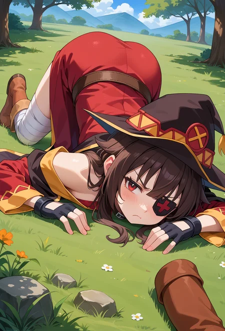 score_9, score_7_up, source_anime, BREAK <lora:AEMegumin-000009:1> AEMegumindef, red eyes, Brown hair, Belt choker, red dress, off-shoulder dress, Black gloves, fingerless gloves, Belt, mismatched legwear, asymmetrical legwear, bandaged leg, black thighhighs, knee boots, hat, red eyepatch, Black cape, pout, top-down bottom-up, outdoors, grass, on ground, lying, on stomach,