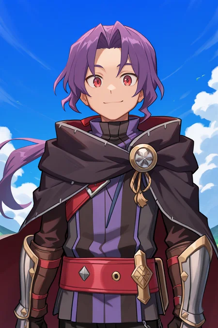<lora:RussellIL:0.8> , rusdef, 1boy, red eyes, purple hair, long hair, ponytail, low ponytail, hair ribbon, black cloak, cape, striped tunic, tunic, belt, black pants, gauntlets, upper body, looking at viewer, smile, day, blue sky, masterpiece, very aesthetic, absurdres, best quality, amazing quality, high resolution, <lora:illustrious_quality_modifiers_masterpieces_v1:0.8> , <lora:ChamIllustriousBackgroundEnhancer:0.5>, solo,