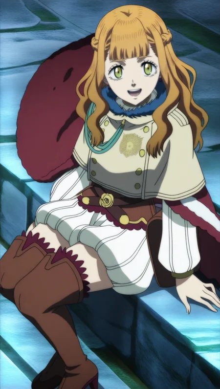 source_anime, masterpiece, best quality, amazing quality, anime screencap, high quality, 8k, absurdres, official style, 1girl, solo, sitting on ledge, :d, looking at viewer, <lora:Mimosa_Spade_iL:1>, m1m054 spade, long hair, brown hair, green eyes, bangs, braid, french braid, magic knight outfit, beige capelet, white sweater, brown corset, white puffy shorts, thighhighs, thigh boots, high heels, cape, zettai ryouiki,