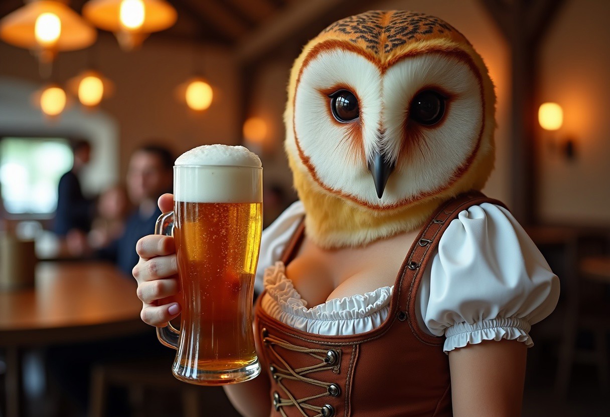 A professional photograph of a anthropomorphic barn owl woman, wearing a Oktoberfest dress, holding a beer stein, tavern background