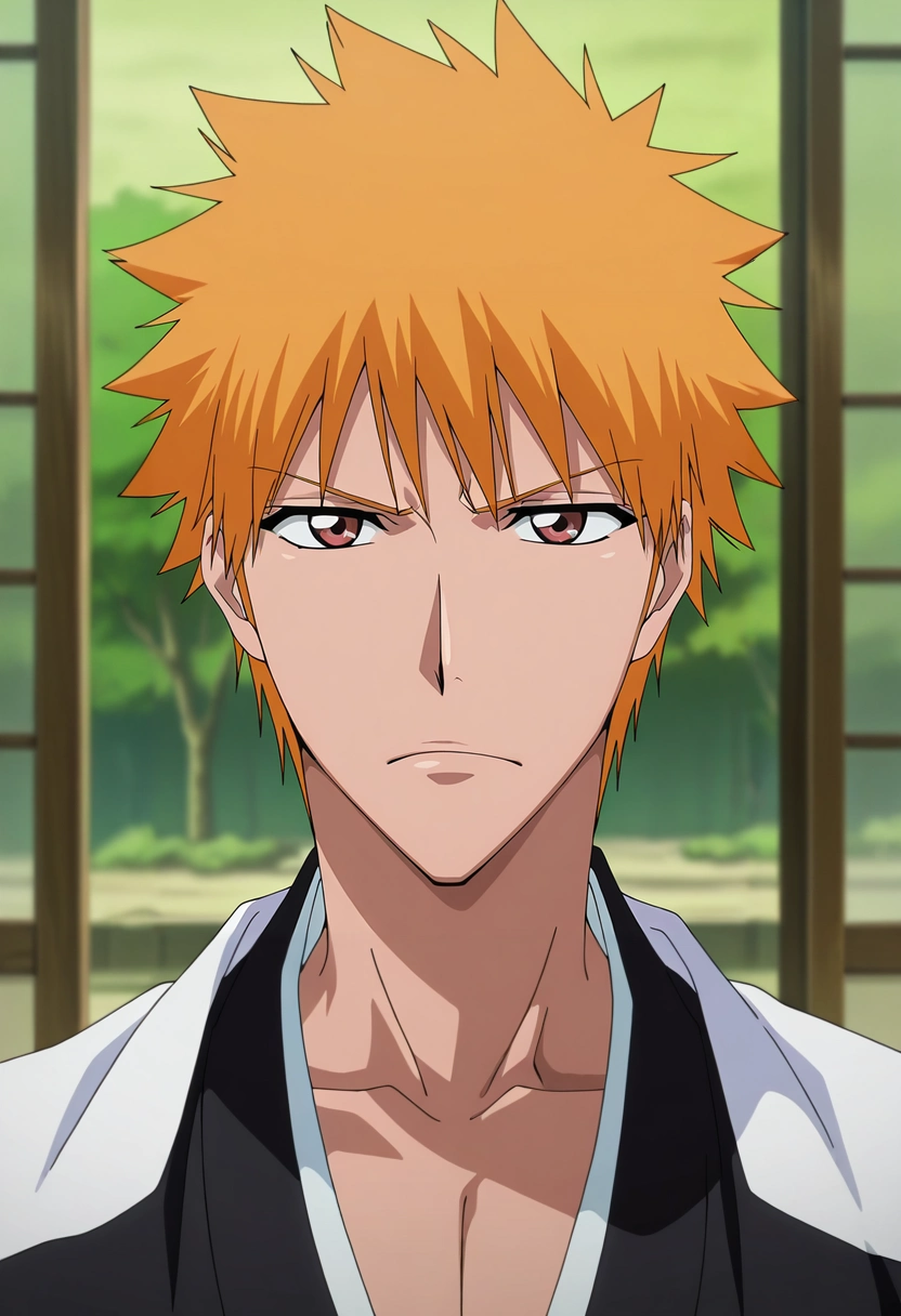 masterpiece, best quality, , anime screencap, anime coloring, official style, looking at viewer, , 1boy, solo, male focus, <lora:ichigo_kurosaki_ilxl:0.92>, ichigo_kurosaki, 1boy, orange hair, brown eyes, short hair, spiked hair, japanese clothes