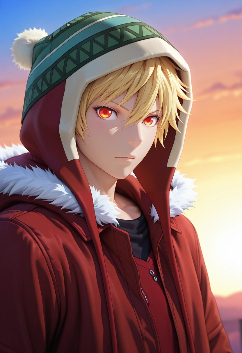 masterpiece, best quality, , (3d:0.4), , 1boy, solo, male focus, <lora:yukine_noragami_ilxl:0.94>, yukine_noragami, blonde hair, red eyes, orange eyes, hood, fur trim, hat, ,