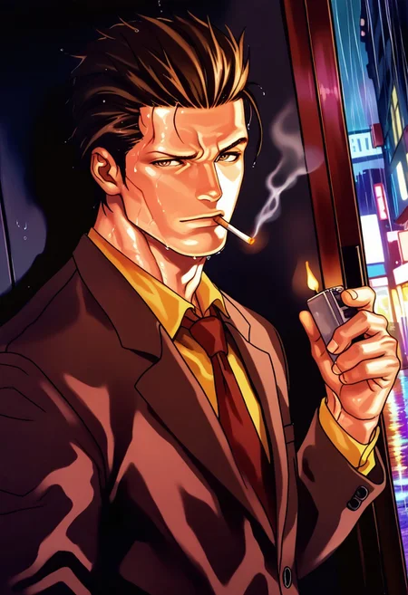 masterpiece, best quality, amazing quality, very aesthetic, absurdres, newest,  jhunterilxl, 1boy, male focus, hair slicked back, brown hair, brown suit, red necktie, yellow shirt, toned male, brown eyes, mature male, close up, ((45 degree angle)), looking at viewer, side view, wet cigarette, smoking, holding lighter, rain, alleyway background, raised eyebrow, dark, night