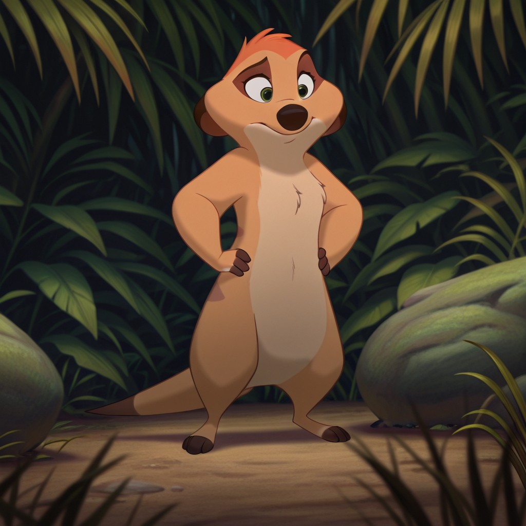 masterpiece, best quality, amazing quality, timonsmalkil, semi-anthro, female, meerkat, tan fur, green eyes, orange hair, standing, jungle, hands on hips, solo, 1girl, full body, <lora:f5cb61db-3c16-4a8f-988e-7b46cf21ef30:1.0>