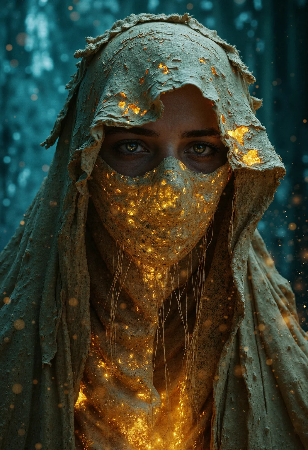 A photorealistic, digital-futuristic depiction of a cloaked female figure with glowing golden skin and eyes that merge shades of gold and green. Her face, partially veiled by tattered cloth detailed with hieroglyphic patterns, reveals age-old stories. The worn fabric is textured, capturing light through cobweb strands. The abstract, icy-blue polygonal background shifts between depths, creating a frozen void that feels both ancient and futuristic. The interplay of her warm, golden hues against the cold, blue tones of the environment amplifies the mystical atmosphere, blending themes of time and technology.
