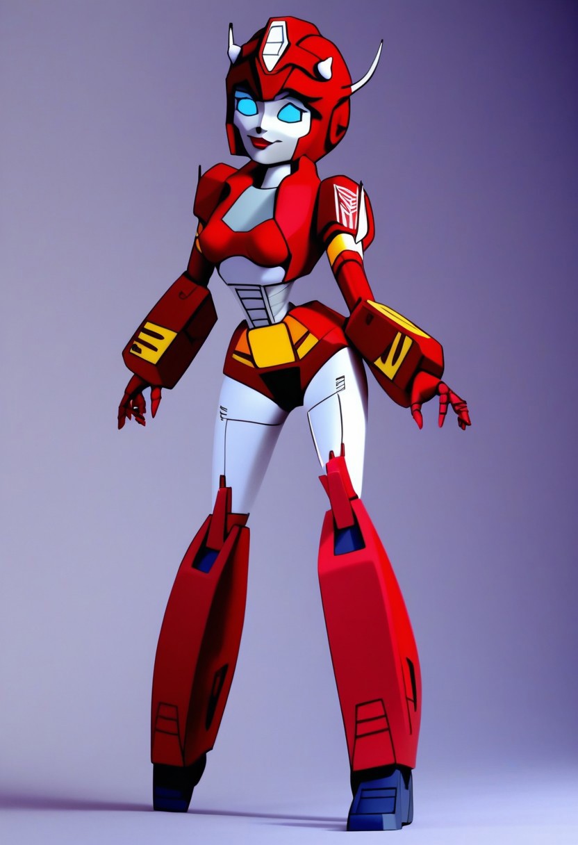 robot planet in space
score_8_up <lora:Transformers 86 FT-000005:1> 1female, autobot, female, all red body, red legs, red head, red armour, small body, petite body, slender form, full body, slim body, slim waist, round large eyes, blue eyes,  short legs, small heads, small horns protruding from head, , female lips, happy expression, smiling, curvy limbs, medium robot breasts (nipples), camel toe, (shortstack:0.5)