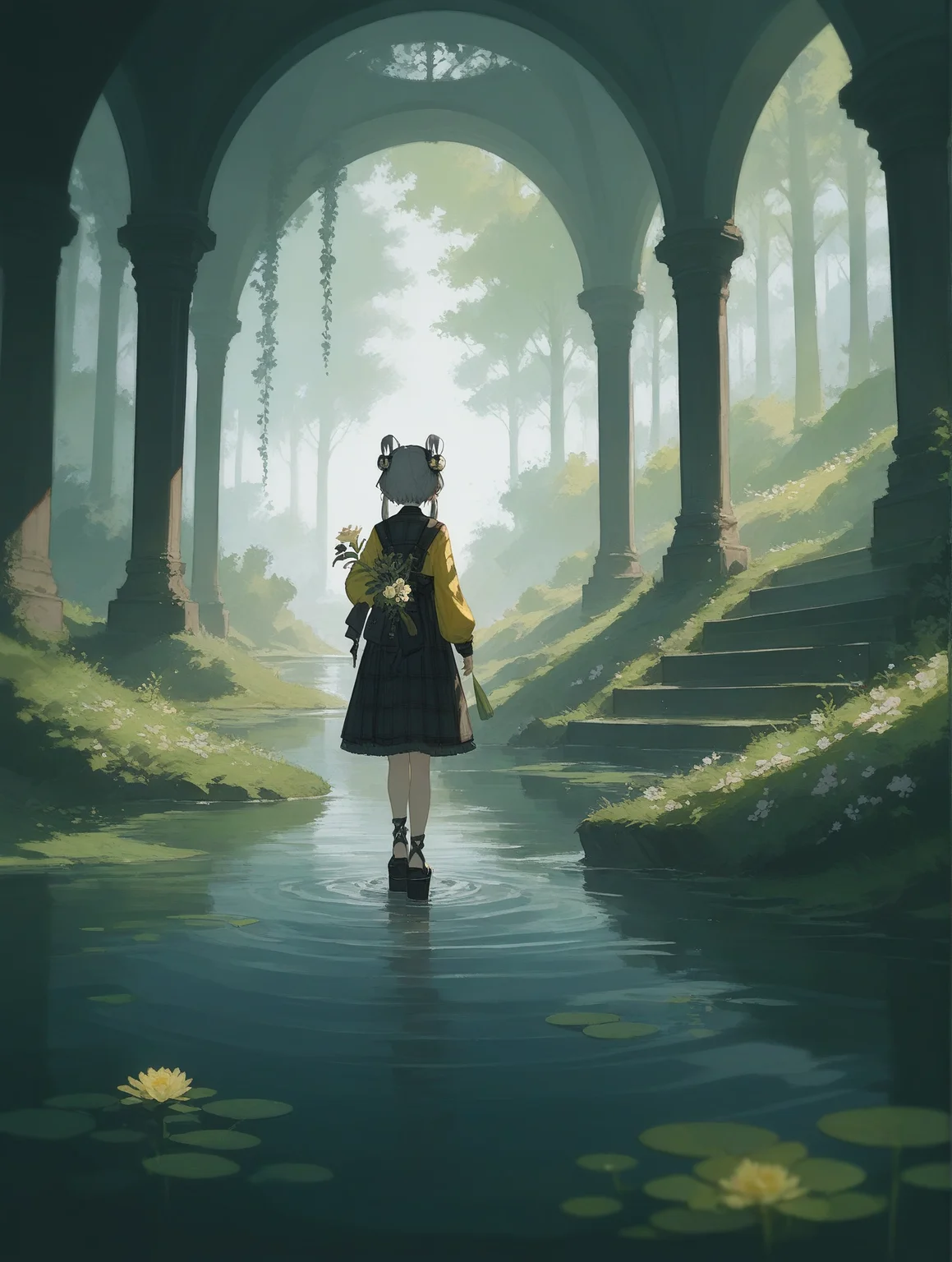 (score_9,score_8_up,score_7_up),1girl,green eyes,grey hair,hair ornament,hair rings,short hair with long locks,hair tubes,sandals,black footwear,platform footwear,black gothic dress,leaning_back,leaning_on_object,leaning_forward,watercolor \(medium\),best quality,masterpiece,amazing quality,best aesthetic,absurdres,bust,flower,solo,yellow jacket,black hair,stairs,wading,water,outdoors,holding flower,from behind,holding,plaid,plant,standing,scenery,long sleeves,overgrown,facing away,
