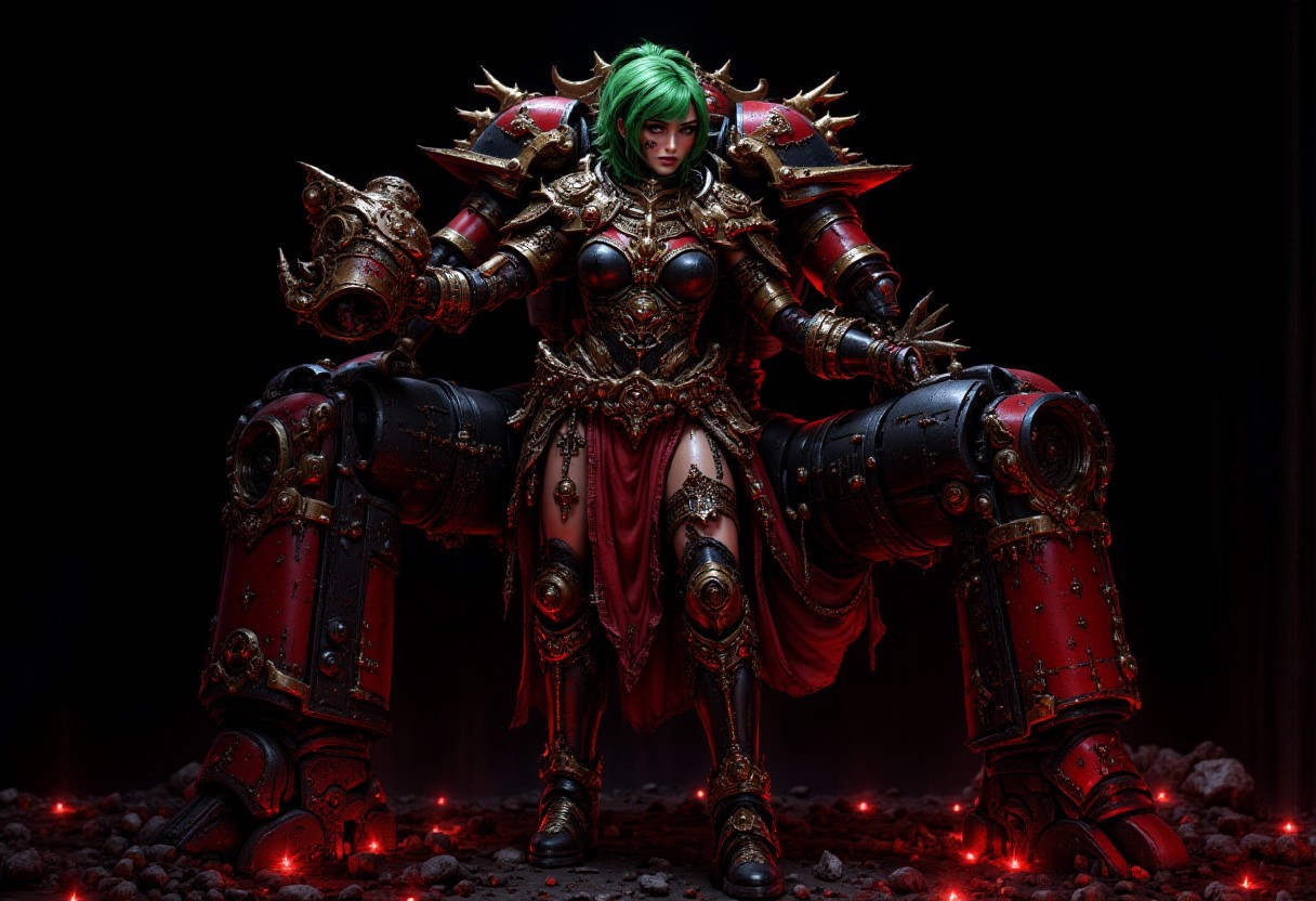 Female Space Marine with green hair with a dark background, she is strapped to a Penitent Engine (large bipedal combat walker used by the Ecclesiarchy as a form of punishment for being a Heretic) while surrounded by glowing red enbers from the remains of the dead