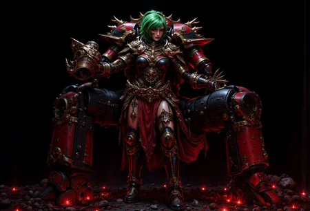 Female Space Marine with green hair with a dark background, she is strapped to a Penitent Engine (large bipedal combat walker used by the Ecclesiarchy as a form of punishment for being a Heretic) while surrounded by glowing red enbers from the remains of the dead