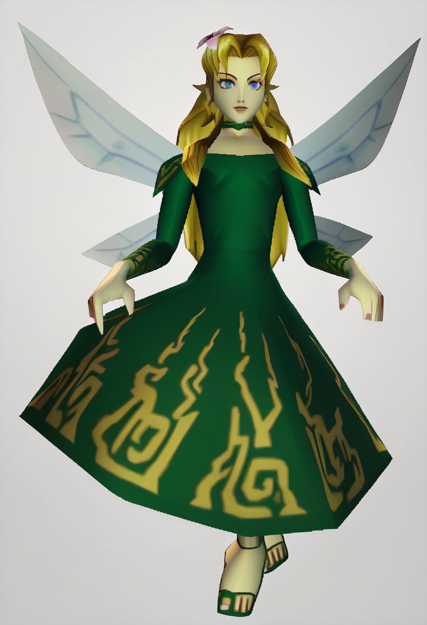 score_9, score_8_up, score_7_up, source_anime BREAK, 1girl, solo,
<lora:zs_N64ZeldaStyleXL:1> n64zeldastyle, 3d, polygonal, white background, full body
 <lora:Titania-pdxl_Fp:1> titaniasmt, blue eyes, blonde hair, long hair, hair flower, fairy wings, green dress, choker