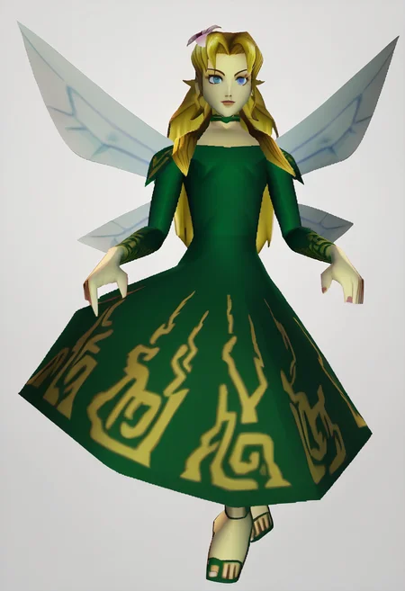 score_9, score_8_up, score_7_up, source_anime BREAK, 1girl, solo,
<lora:zs_N64ZeldaStyleXL:1> n64zeldastyle, 3d, polygonal, white background, full body
 <lora:Titania-pdxl_Fp:1> titaniasmt, blue eyes, blonde hair, long hair, hair flower, fairy wings, green dress, choker
