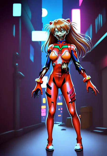 best quality, amazing quality, very aesthetic, absurdres,
BREAK
zombie, blood, torn clothes, horror \(theme\), bones,
1girl, asuka langley, red plugsuit, standing, smug, looking at viewer, futuristic background, neon light , buildings, night <lora:ZombifiedNoobXL_byKonan:1.5>
