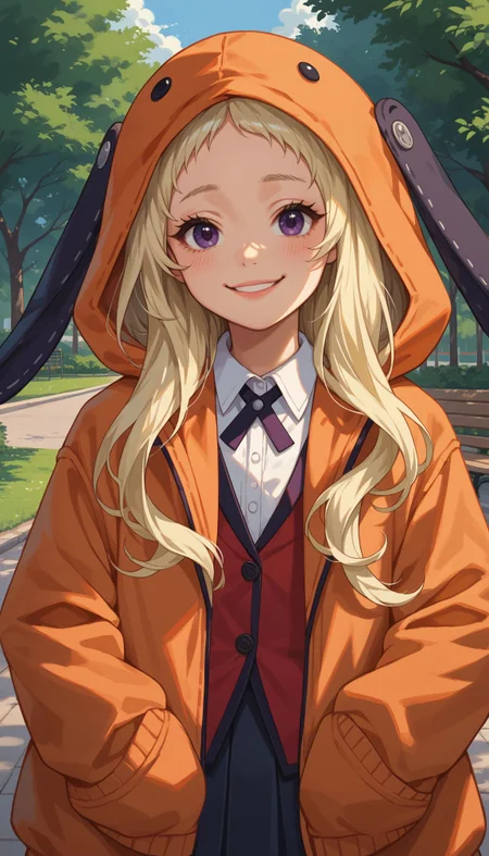 score_9, score_8_up, score_7_up, rating_safe, park, smile, close portrait,  <lora:Runa new 2:0.8> Runa, blonde hair, purple eyes, orange hooded jacket, white shirt, animal hood, red blazer , pleated skirt, striped thighhighs