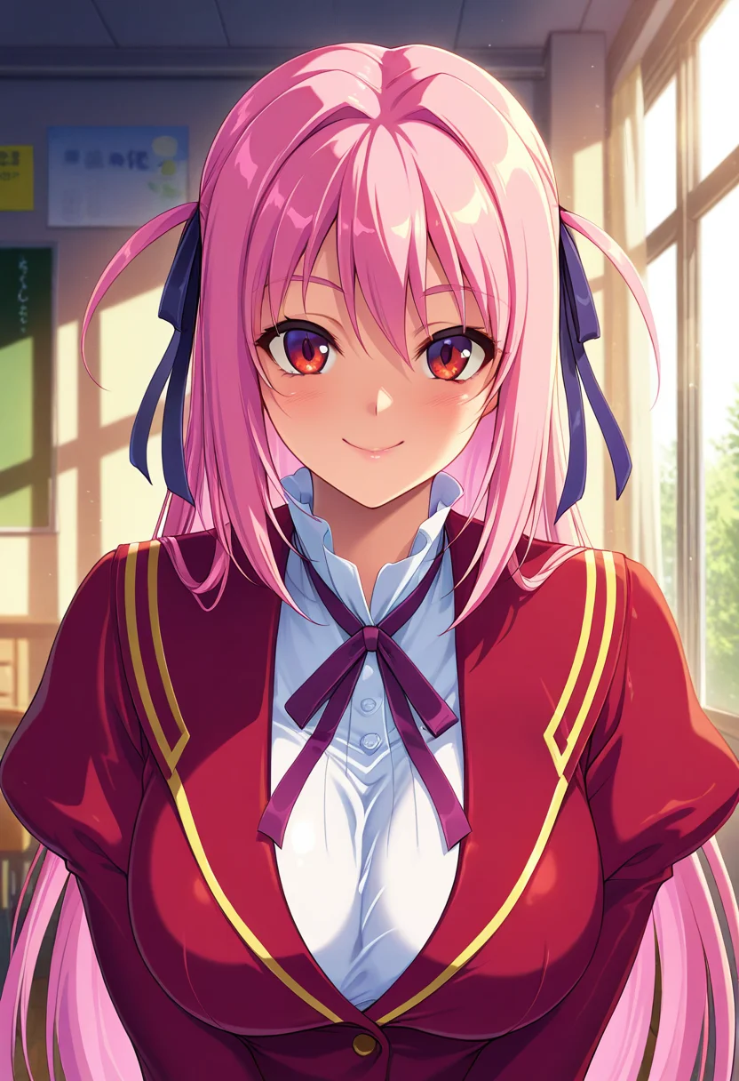 masterpiece, best quality, amazing quality, absurdres, 1girl, solo, (portrait:1.2), yunaww, red eyes, pink hair, long hair, very long hair, two side up, yellow hair ribbon, large breasts, school uniform, purple neck ribbon, red jacket, white dress shirt, puffy sleeves, looking at viewer, smile, indoors, day, skindentation, detailed clothing folds, depth of field, sharp, high contrast, dynamic light <lora:Sakurasawa_Yuna_Gakuen_Saimin_Reido_ill:0.9>