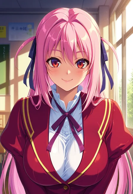 masterpiece, best quality, amazing quality, absurdres, 1girl, solo, (portrait:1.2), yunaww, red eyes, pink hair, long hair, very long hair, two side up, yellow hair ribbon, large breasts, school uniform, purple neck ribbon, red jacket, white dress shirt, puffy sleeves, looking at viewer, smile, indoors, day, skindentation, detailed clothing folds, depth of field, sharp, high contrast, dynamic light <lora:Sakurasawa_Yuna_Gakuen_Saimin_Reido_ill:0.9>