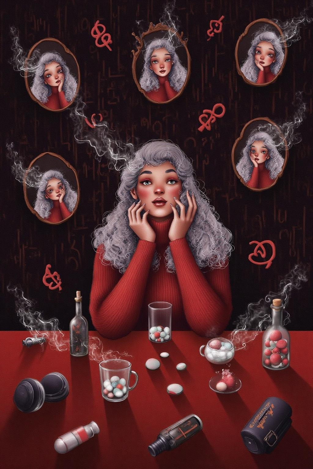 illustration. 
a woman seated at a cluttered red table, surrounded by mirrored reflections of herself. She wears intense red eye makeup that accentuates her expressive gaze. The scene is filled with translucent glass cups, pill containers, and small bottles, all creating an eclectic and moody atmosphere. Smoke rises around her, adding a dreamlike quality, while a wallpaper of hand-drawn symbols or calligraphy fills the background. The lighting is muted and soft, emphasizing a reflective and introspective mood with a retro, film-noir style
 <lora:alicesa1_cap_d6a3:1.0><lora:830680785959886629:0>