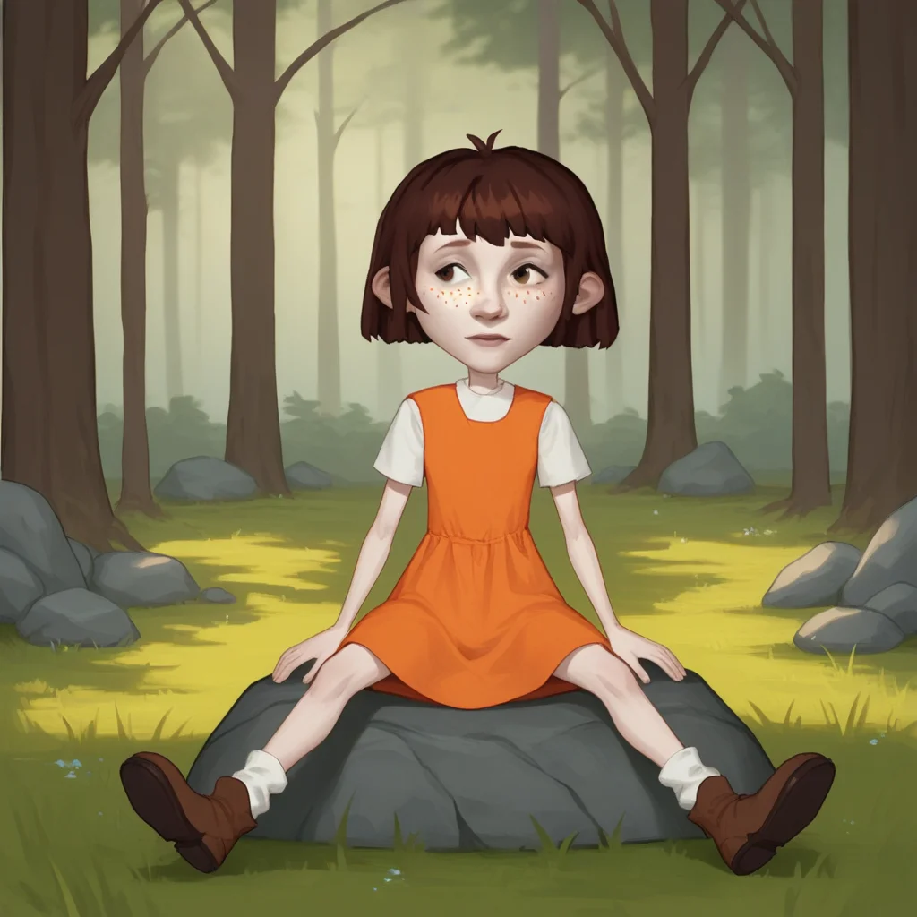 score_9_up, score_8_up, BREAK, AngelaAnaconda, 1girl, solo, brown hair, short hair, brown eyes, freckles, orange dress, white sleeves, short sleeves, white socks, brown footwear,, sitting on rock, <lora:AngelaAnaconda_PXL_Leaf1:1>, outdoors, forest,