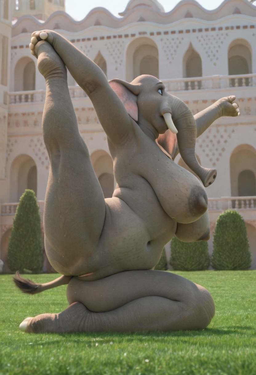 masterpiece, best quality, amazing quality, ((clothed)),
solo, furry,
(nangi:1.4), (female anthro elephant:1.2), blue eyes, elephant trunk, elephant tail, elephant feet, short tusks, pink ears,
gorgeous, curvaceous,
stretching, 
nude, on grass, building in the background, doing yoga, sweating, sweaty skin, huge sagging breasts,  
 <lora:Furry_Lora_Nangi_Zootopia:0.8>