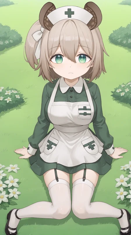 score_9, score_8_up, score_7_up,anime_source, source_anime, best background, detailed background, anime screencap, 4k, upscale, Nimi_Nightmare, green eyes, nurse cap, 1girl, pose, green dress, long sleeves, hair between eyes, black footwear, brown hair, white apron, animal ears, thighhighs, hair bow, large breasts, full body, sitting wariza, outdoors, <lora:Nimi_Nightmare_PONY:0.8>