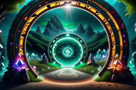 Hyperrealistic art, lush green wooded mountain pass landscape, a fantasy glowing Vivid multi-colored Runes covered made crystalz and marble Circular gate (Circular portal:1.3), fantasy, magic doorway, blue sky, Extremely high-resolution details, photographic, realism pushed to extreme, fine texture, incredibly lifelike,