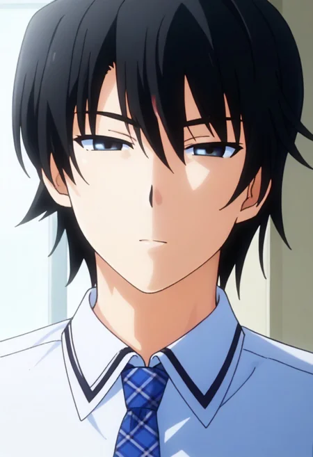 ((masterpiece)), ((best quality)), ((ultra-detailed)), ((absurdres)), score_9_up, score_8_up, score_7_up,
HD, top quality, best quality, amazing quality, High-quality illustrations, anime screencap, source_anime, best aesthetic, perfect proportions, perfect eyes, 1boy, 1male, solo boy, solo male, male focus, solo male focus, Anime, boy, male anime character, anime boy, handsome, cute, charming, sexy, good-looking, ((mature appearance, adult male appearance)), Yuuji Kazami, black hair, ((black eyes, tsurime eyes)), ((white collared shirt, short sleeves, blue necktie)), ((inside of japanese school, morning, sunrays)), ((face only shot, face focus, close up on face)), easynegative, updn, Expressiveh, masterpiece, best quality, very aesthetic, absurdres