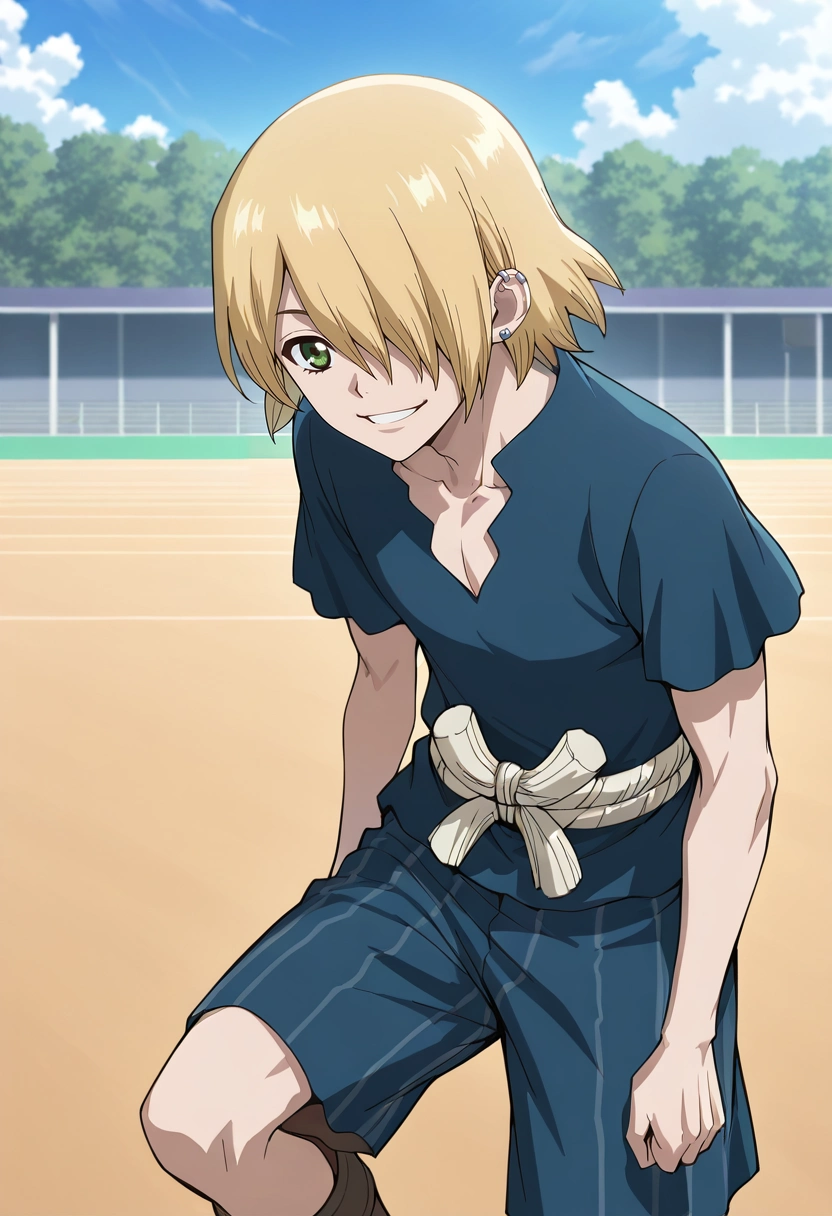 masterpiece, best quality, , ,, 1boy, solo, male focus, <lora:ginrou_dr_stone_ilxl:0.94>, ginrou_dr_stone, blonde hair, green eyes, short hair, hair over one eye, blue shirt, short sleeves, close-up, gym, day, sunny, arm at side, happy, Denim Goldenrod Mosaic Quilted shorts, Pinstripe shirt, Monk strap boots, , lip Piercings and