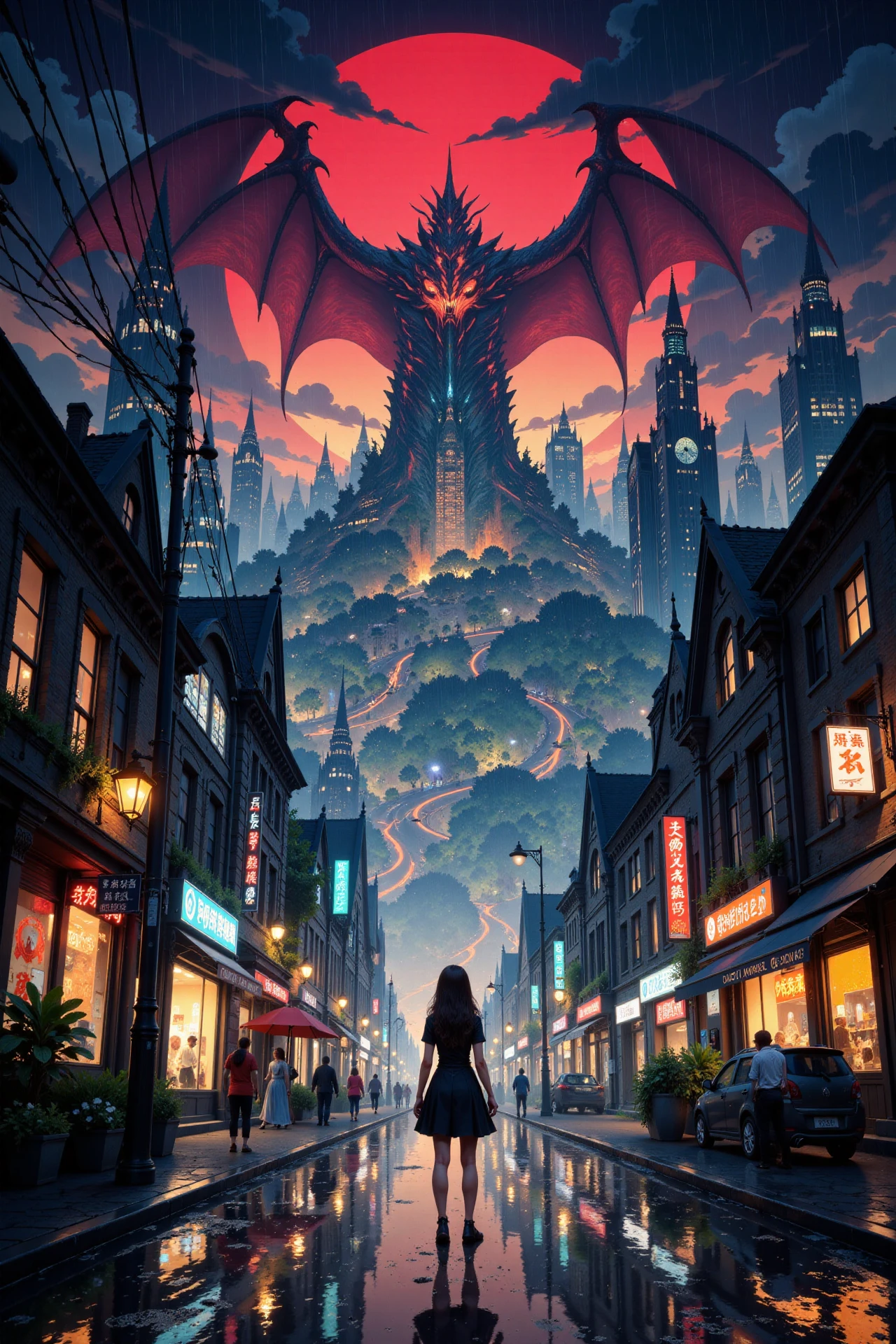 demonic city beautiful anime landscape, rainy day, woman, very intricate, very detailed, sharp, bright, colorful, <lora:Hand v2:0.5> <lora:Anti-Blur:1><lora:Insane Detail Slider:0.25>  <lora:flux.1_lora_flyway_Epic-detail_v2:0.3> <lora:fluxenhancer:0.25> <lora:ROWER:0.6> <lora:flux-charmer-v1-1:0.4> <lora:Colorful_Fantasy_Art_for_FLUX:1> fantasy art