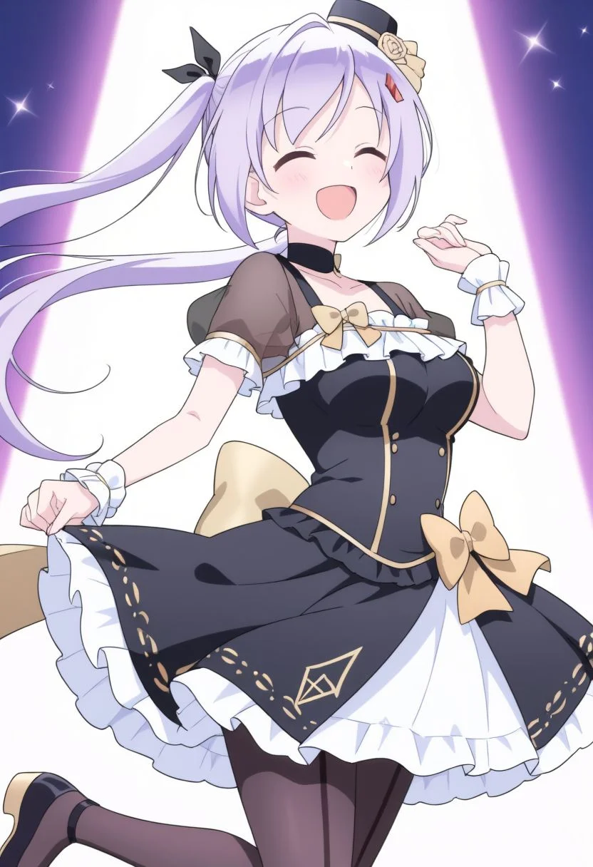 (anime coloring:0.8), (anime screencap:0.5), (masterpiece, best quality, newest, absurdres, highres, )
looking to the side, cowboy shot, 
white background, 
1girl,  <lora:kamiya_agari:1> kamiya agari, red arrow (symbol), arrow hair ornament, black hair ribbon, purple eyes, purple hair, long hair, twintails, breasts, 
light blush, smile, open mouth, closed eyes, 
idol clothes, posing, cosplay \(mari (idol) (blue archive)\),  
mini hat,low ponytail,yellow bow,frills,black dress,black pantyhose,back-seamed_legwear,black footwear,