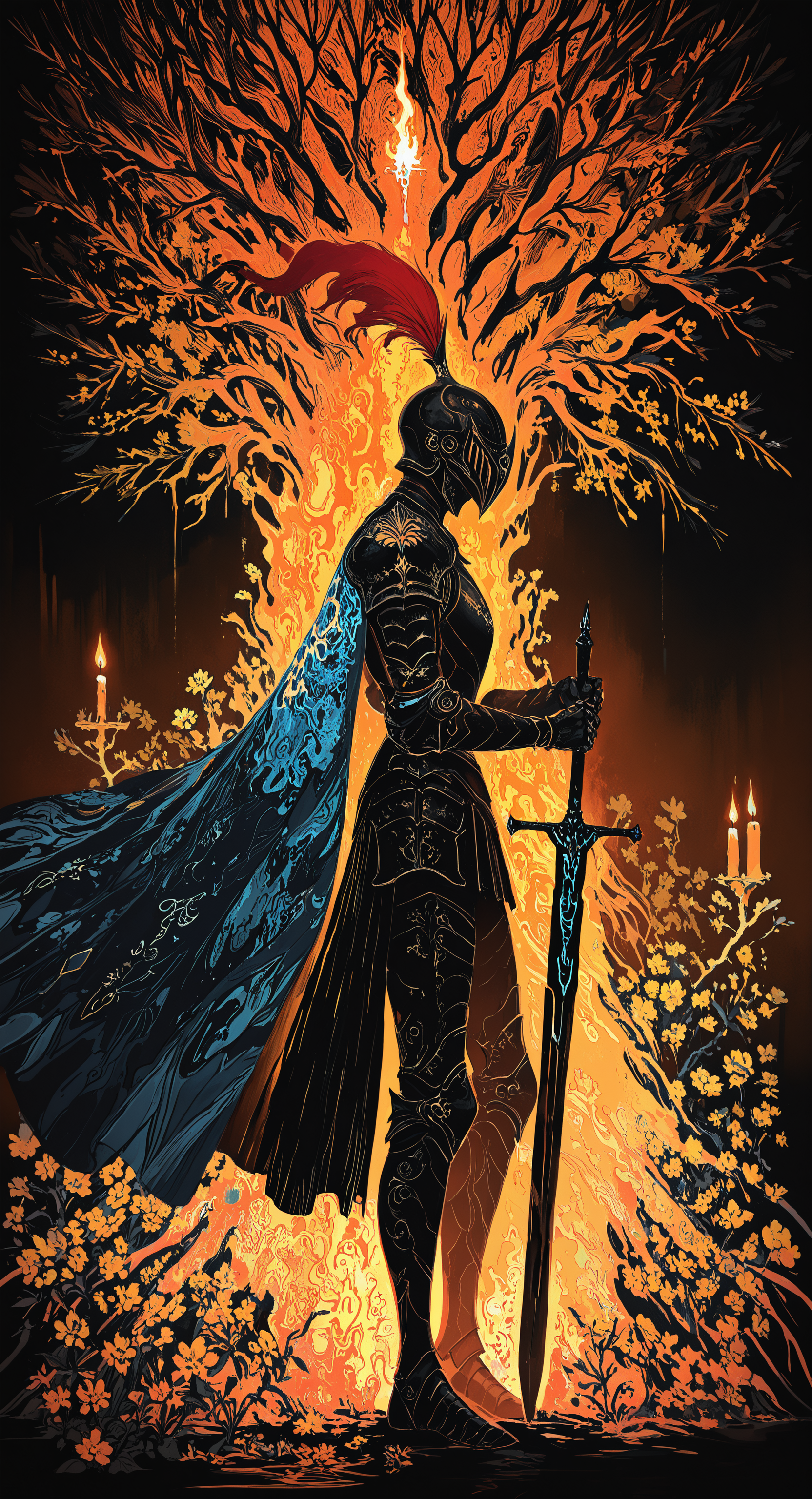 masterpiece, best quality, good quality, very awa, newest, highres, absurdres, solo, holding, standing, flower, weapon, sword, holding weapon, cape, armor, from side, tree, holding sword, helmet, fire, shoulder armor, 1other, gauntlets, pauldrons, yellow flower, breastplate, red cape, branch, candle, blue cape, greaves, planted, knight, full armor, ambiguous gender, planted sword, black armor, covered face, orange theme, helm, greatsword, plume, limited palette, sketch, glowing, psychedelic, <lora:illustriousXL_stabilizer_v1.23:0.3> <lora:NOOB_vp1_detailer_by_volnovik_v1:0.3> <lora:ponyv6_noobE11_2_adamW-000017:0.3> <lora:114558v4df2fsdf5:1> <lora:mon_monmon2133:0.6>