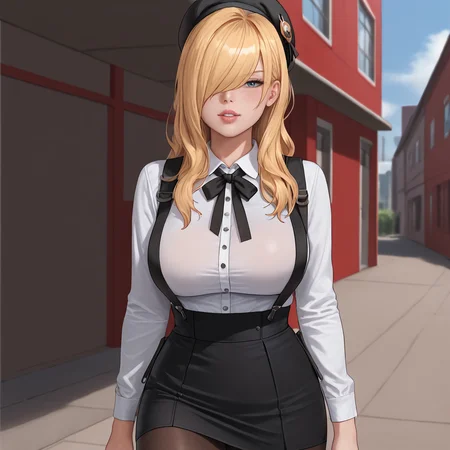 <lora:rachelfoleyresidentevil_pony_v1:.7>  RachelFoley, 1girl, large breasts, blonde hair, long hair, lips,  hair over eyes, hair over one eye, cowboy shot,  <lora:0902 Home wear 5_v1_pony:1> ruanyi0902,beret,black ribbon,collared shirt,black pantyhose,high-waist skirt,white shirt,suspenders