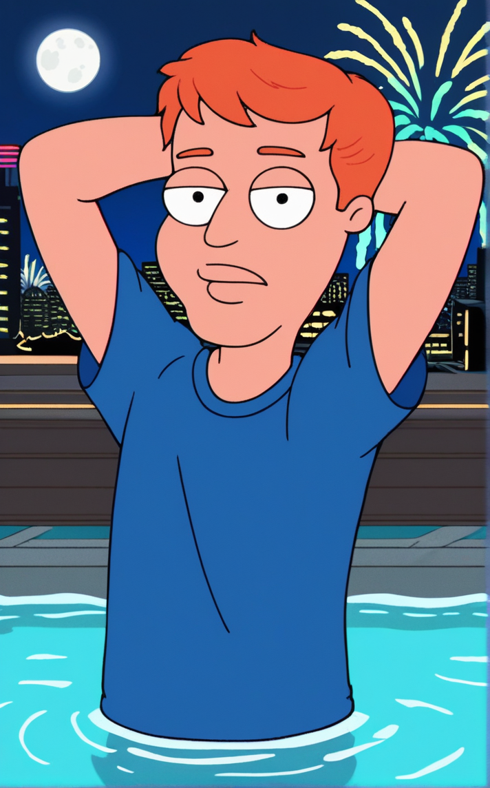score_9, score_8_up, score_7_up, contrapposto, arms behind head, aerial fireworks, wading, neon_lights, cityscape, night, pool, full moon, outdoors, depth of field, solo, looking at viewer,   <lora:PONYXL_STYLE_FamilyGuyTV_ownwaifu:1>, BREAK Male_FamilyGuyTV_ownwaifu, flat color, parody, 1boy, male focus, short hair, shirt, <lora:Expressive_H:0.15> <lora:add-detail-xl:0.15>,  <lora:43stl1ght1ngXLP2:0.2>, 43stl1ght1ng, dramatic lighting,