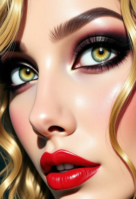 magnificent, photorealistic ink art image in the style of a movie poster, crisp lines, an extreme closeup image of the eyes of a stunning oriental young woman, blonde loose hair, red lips, dark eyeshadow