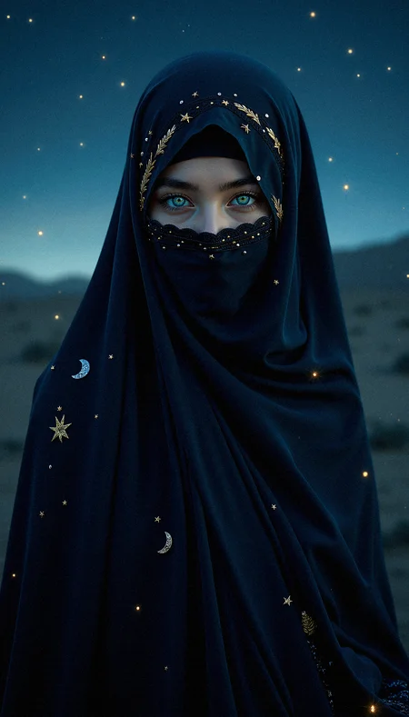 photorealistic image of a hijabi arab woman enveloped in a dark, flowing veil that is adorned with tiny, glowing stars. Her bright light green eyes, the only visible feature, are captivating, glowing softly under the moonlight. The background is a serene night sky filled with shimmering stars and subtle light rays, giving her an almost celestial aura.
a rich, flowing velvet fabric for her abaya that absorbs light, giving her outfit a soft, matte finish.celestial-themed jewelry accents, such as small moon and star charms on her veil and earrings, enhancing the mystical feel.a delicate lace trim with star motifs along the edges of her veil and abaya, highlighting her elegance and modesty.softly glowing hijab pins shaped like stars or moons, securing her veil in place with elegance. gold leaf detailing on her abaya’s borders, reflecting the light and adding a touch of elegance to her outfit.a midnight blue hijab with subtle, woven patterns that resemble constellations, contrasting gently with her dark abaya.Line the inside of her abaya sleeves with a soft, shimmering silk fabric that shows when she moves, adding a luxurious touch.
gentle light rays filtering through the background, adding a sense of depth and illuminating her figure subtly.Highlight the intricate lace detail on her veil with soft lighting, emphasizing its texture and craftsmanship.a faint, silhouetted landscape in the background, such as a distant mountain or sand dune, lightly illuminated by the starlight.
Her facial aesthetics include a soft shadow under her eyes, giving them depth and enhancing her intense gaze.a soft, glossy finish to her lips, making them look hydrated and defined.slight, natural eye bags to add depth and a hint of realism to her serene appearance.a soft highlight under her eyebrows, accentuating their natural arch and shape.
Standing with one hand holding prayer beads, the other hand raised in a gentle gesture of blessing.