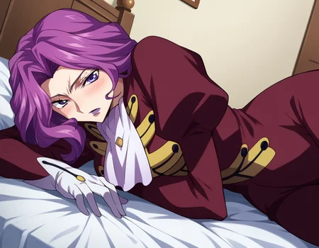 score_9, score_8_up, score_7_up, source_anime,
cornelialibritannia, <lora:cornellia-li-britannia-s1-ponyxl-lora-nochekaiser:1>
cornelia li britannia, purple eyes, purple hair,
ascot, gloves, juliet sleeves, lipstick, long sleeves, makeup, pants, puffy sleeves, purple lips, red pants, red shirt, shirt, white ascot, white gloves,
indoors, bed, bed room, on side, blush, drunk,
looking at viewer, dutch angle, cowboy shot, solo,