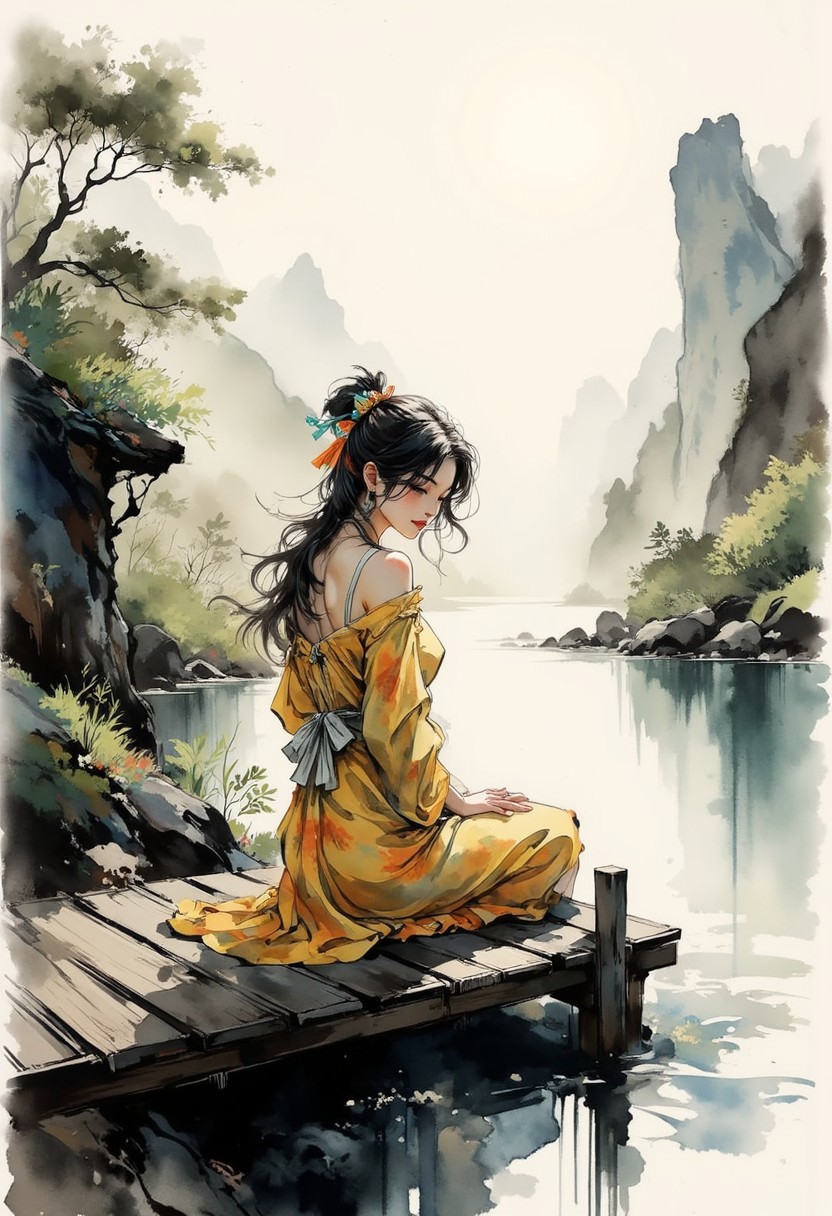 side portrait, shuimo, A dinkfsn style ink wash painting, crisp lines and delicate shading, intricate linework with expressive contrasts, soft lighting with dynamic highlights, neo-noir portrait, young Asian woman in a summer dress, long loose hair, sitting at the end of a jetty on tranquil mountain lake, with mountains in the background