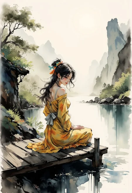 side portrait, shuimo, A dinkfsn style ink wash painting, crisp lines and delicate shading, intricate linework with expressive contrasts, soft lighting with dynamic highlights, neo-noir portrait, young Asian woman in a summer dress, long loose hair, sitting at the end of a jetty on tranquil mountain lake, with mountains in the background
