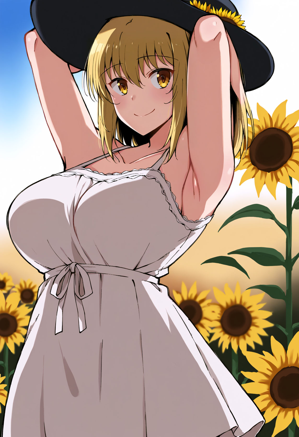 score_9, score_8_up, score_7_up, score_6_up, score_5_up, score_4_up,
simple background, gradient background,
refraction, caustics, rim lights, backlighting, bloom,
BREAK
source_anime, day, outdoors, sky, flower field, sunflower, sunflower field, sunset,
BREAK
1girl, sundress, sunhat, blonde hair, large breasts, see-through silhouette, happy, hair between eyes,
arms up, armpits, light smile,
<lora:Komusou-v1-PDXL:1>