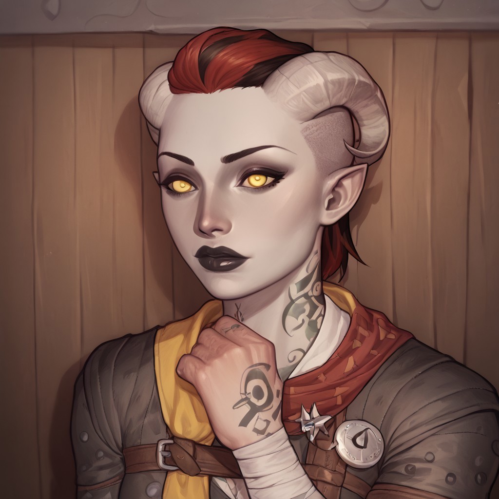 (((beautiful, high quality, perfect eyes, comics style, semi-realistic, perfect hands, detailed face))), score_9, score_8_up, score_7_up, BREAK solo, 1girl, 33y woman, (Tiefling, pointed ears, curved horns), ((pale gray skin:1.1)), ((hooked nose)), muscular, tattoos, fiery red hair, medium hair, unruly shaved side, Black lips, eyeshadows, yellow eyes, (flirting), BREAK a rogue wearing black torn coat, multiple belts, bandages, backpack, hood up, scarf, medieval inn, fantasy background, blurred background, easynegative, JIM EIDOMODE, Dungeons and Dragons 5th edition style illustration
