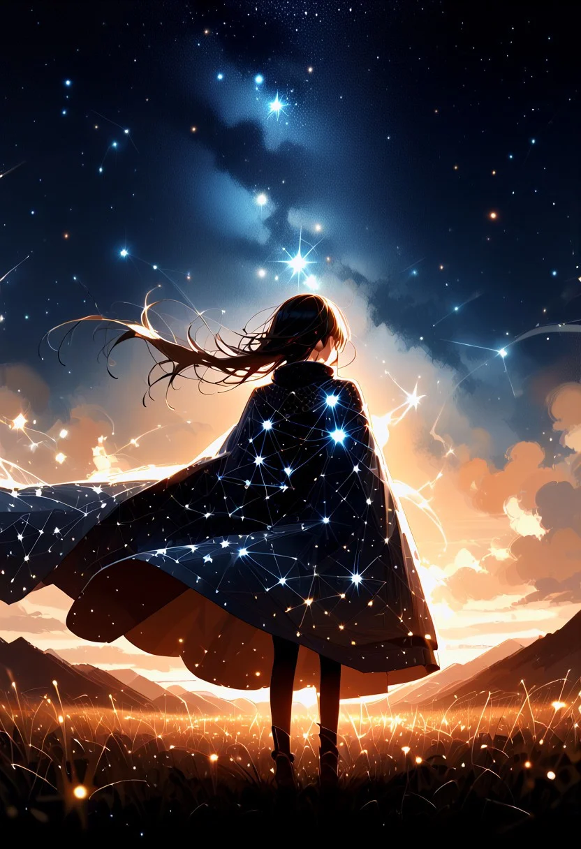 score_9, score_8_up, score_7_up, score_6_up, source_anime, starry_morph, 1girl, (silhoutte:1.2), cloak, wind,