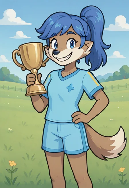 solo, cabulosa, ponytail, anthro, fangs, standing, closed mouth, grin, green meadow, looking at viewer, blue shirt, blue shorts, lifting trophy