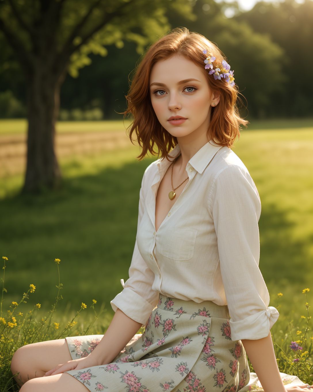 superbloom scenery, 24yo attractive irish redhead, (striking eyes with full limbal ring visible, piercing gaze with prominent limbal rings, large expressive eyes with sharp limbal rings, intense wide eyed stare at viewer:1.4), wide cinematic establishing shot seductive young woman sitting having picnic under tree, (bra strap, cleavage,  young adult irish redhead:1.25), (style of Alessio Albi:1.4), Realist Portraiture, Soft Lighting, Emotional Depth, Simple Compositions, (Layered Depth, Soft focus foreground, Painted Scenery:1.1), alluring feminine physique, short backlit hair, perfect face, thin upper lip, pouting lower lip, thin brows, small upturned nose, bow-shaped lips, Raised Eyebrows, Focused Gaze, eager expression, quaint farm setting, (relaxed country woman), (tight unbuttoned shirt, thin material), subsurface scattering, classic cotton, soft pastel, intricate embroidery collar cuffs, rolled-up sleeves revealing sun-kissed forearms BREAK (blanket:1.15), rich textures, patchwork design, vibrant colors, detailed stitching, homely aesthetic (skirt), elegant rustic charm, subtle floral pattern, linen, sways breeze BREAK ((wildflower wreath)), crown delicate chain necklace, small, intricate pendant, heart-shaped with floral theme, glowing subtly in the soft light, ethereal quality, [lens flare glinting], (mischievous yet content expression), lush green fields in the background, (soft, sunlit ambiance), simple leather boots, carefree hair  <lora:kodak_ultramax_400:0.8> golden hour, soft golden light, pastel sky, relaxed posture, natural smile, earthy colors, candid moment, trees and flowers in background, leading lines, depth of field, slightly off-center framing, warm tones, cinematic look, natural setting, editorial style, soft textures, subtle lighting, peaceful mood